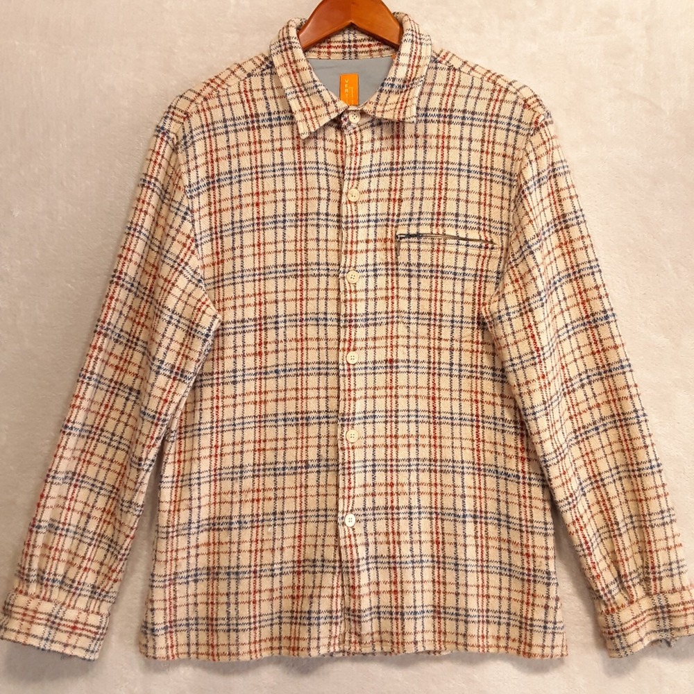 Vertical-Mens LS Heavy Wool Acrylic Button Over Shirt Sz.M/Beige Plaid/Flannel